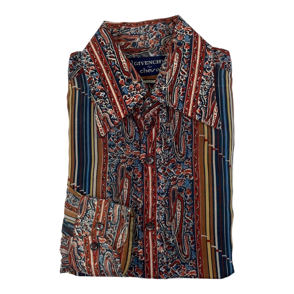 Givenchy For Chesa 1970s Abstract Nylon Multicolor Button Front Shirt Mens S